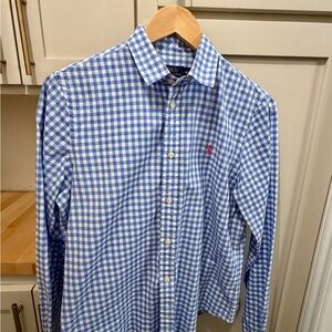 Polo by Ralph Lauren Blue and White Gingham Button-Down with Pink Pony